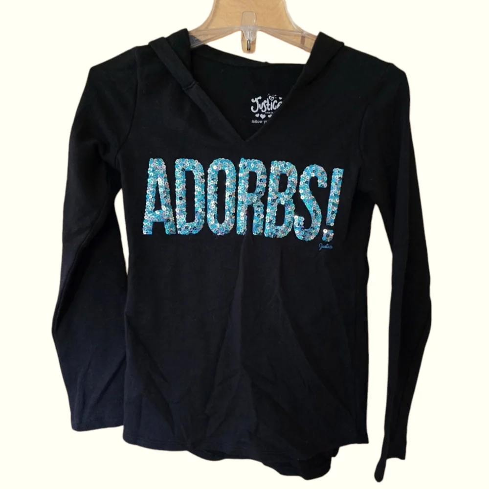 Justice Girls Hoodie Youth Adorbs Sparkle Teal Silver Cotton Polyester 10 Black